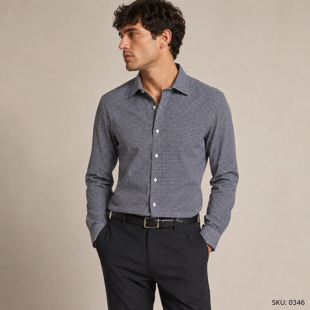 Saks Fifth Avenue Mens Trim Fit Micro Check Cotton Dress Shirt Navy White 0346